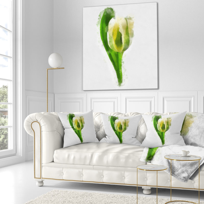 Tulipe blanche avec feuilles vertes - coussin à imprimé floral, 16 po x 1 po, Coussin décoratif