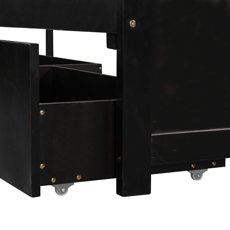 117.6" W L-Shaped Platform Bed With Trundle And Drawers, Linked With Built-In Desk, Twin, Black