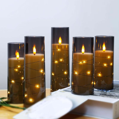 Slate-Grey 5Pc Flameless LED Candles - Timer + Flickering Glow + Embedded Star String - Romantic Home Decor