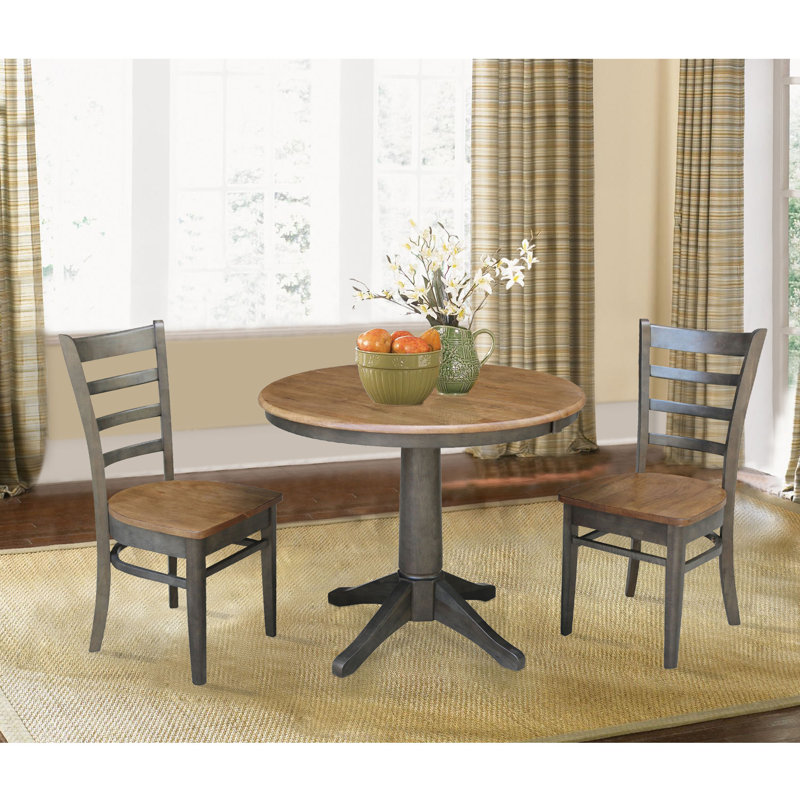 Deriya Extendable Solid Wood Top Pedestal Dining Set, 3, Hickory/Washed Coal