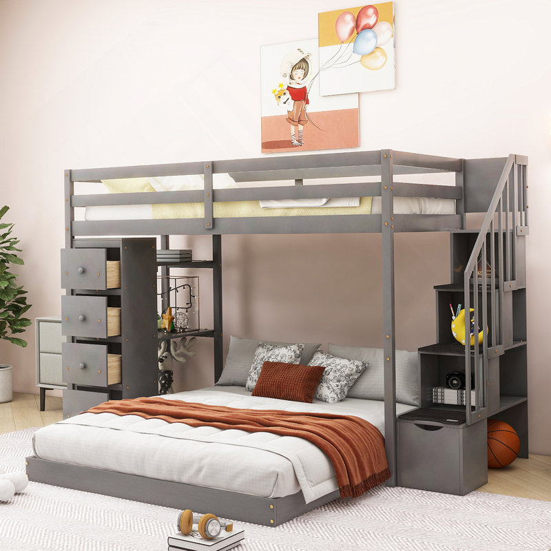 Au-dessus des lits superposés avec tablettes et étagères de rangement, Gris
