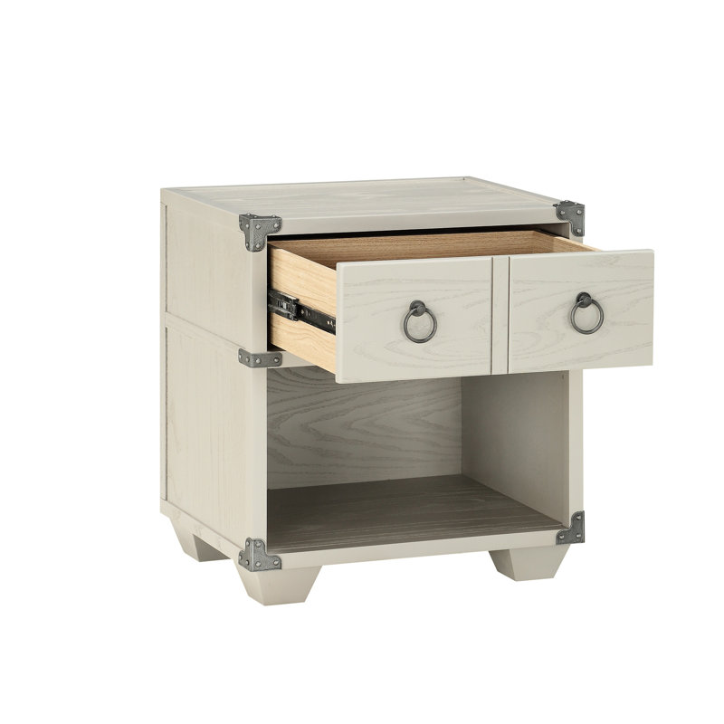 Table de chevet lisse à tiroir gris avec quincaillerie élégante et finition en bois pour les détails de l'espace de vie
