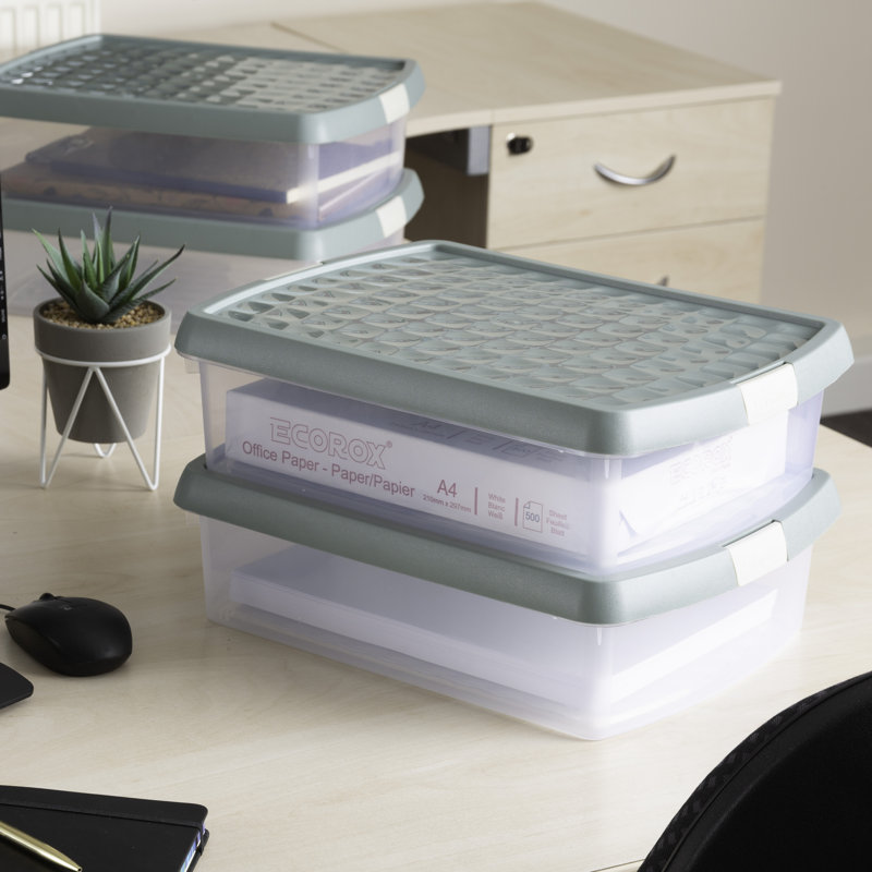 Wham Clip 8.5L Rectangular Plastic Storage Boxes with Secure Clip Lock Lids. L:39 x W:29 x H:10.5cm, Clear/Green Milieu/Stone