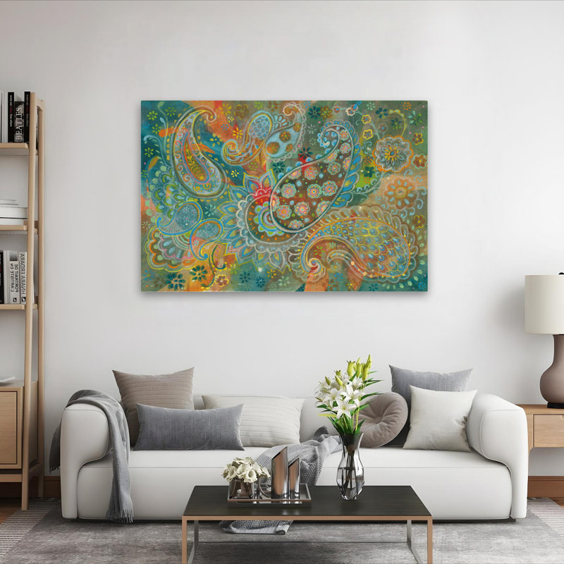 Art floral cachemire bleu et bohémien, H 40 po x l 60 po