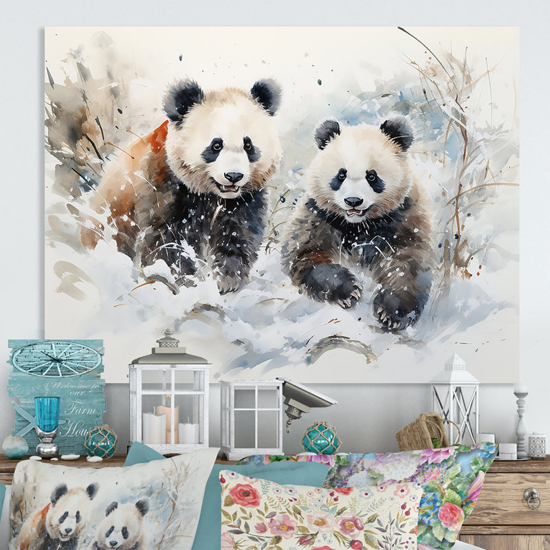 Panda jouant dans un paysage d'hiver - Ours 2, art mural en métal, H 30 po x l 40 po x P 1,5 po