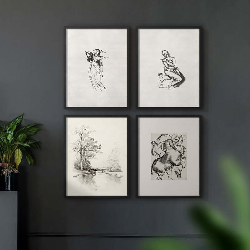 "Croquis rétro Lxxx", 4 pièces sur papier, Noir, H 14 po x l 44 po