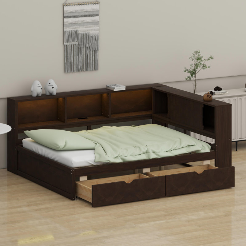 Lit de jour contemporain avec système à DEL intégré, ports USB et solution de rangement, Brun