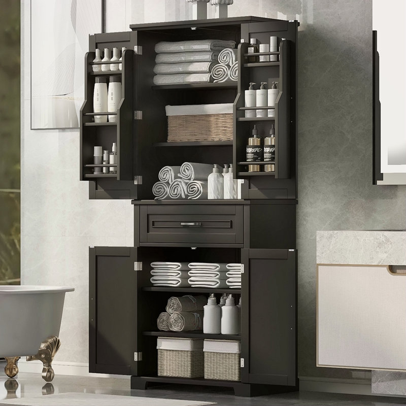 Armoire de rangement de salle de bain avec portes et tiroir, plusieurs espaces de rangement, tablette réglable, Noir