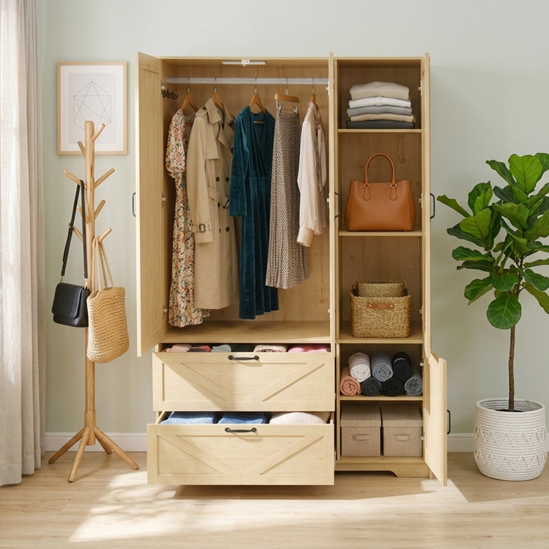 Armoire 71,66 "avec miroir, capteur de lumière, tiroirs et tringle, Light Yellow Wood