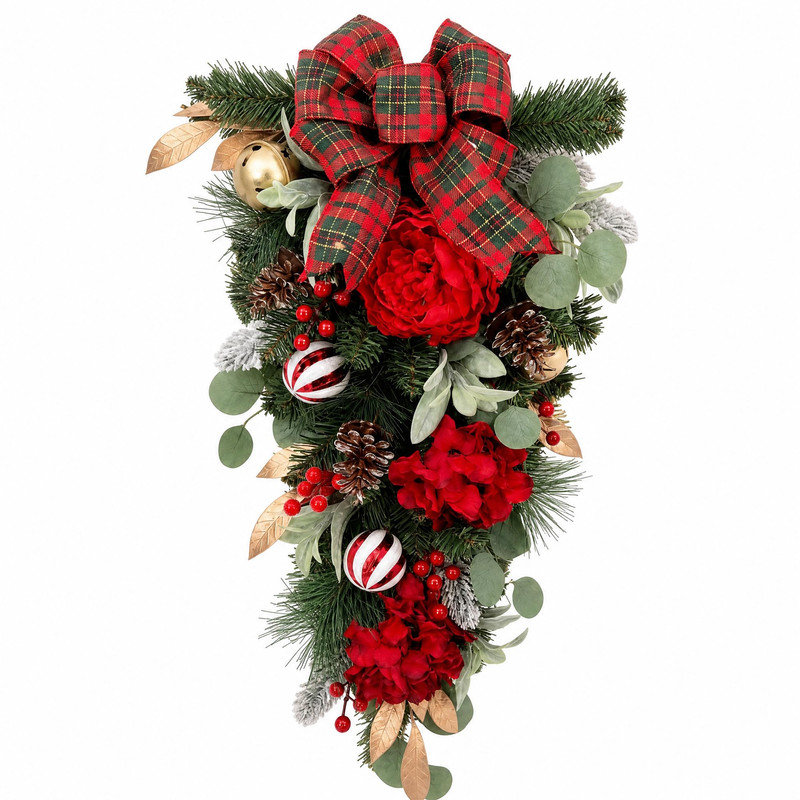 Guirlande de Noël en forme de larme de 76 cm (30 po) avec pommes de pin, baies et nœud à carreaux