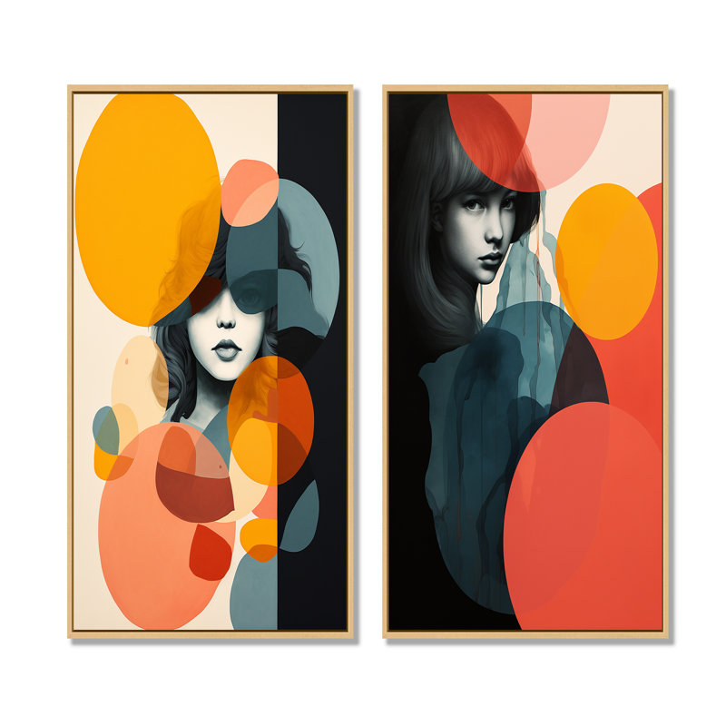 «Woman Portait Collage Fusion Forms I - Abstract Collages», ensemble d'art mural sur toile, Cadre flottant brun