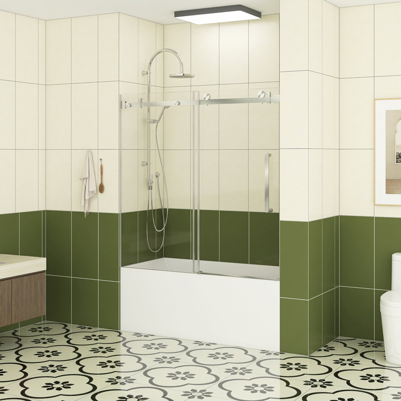 56 à 60 po X P 60 po H Porte de baignoire coulissante sans cadre au fini nickel brossé avec verre trempé transparent