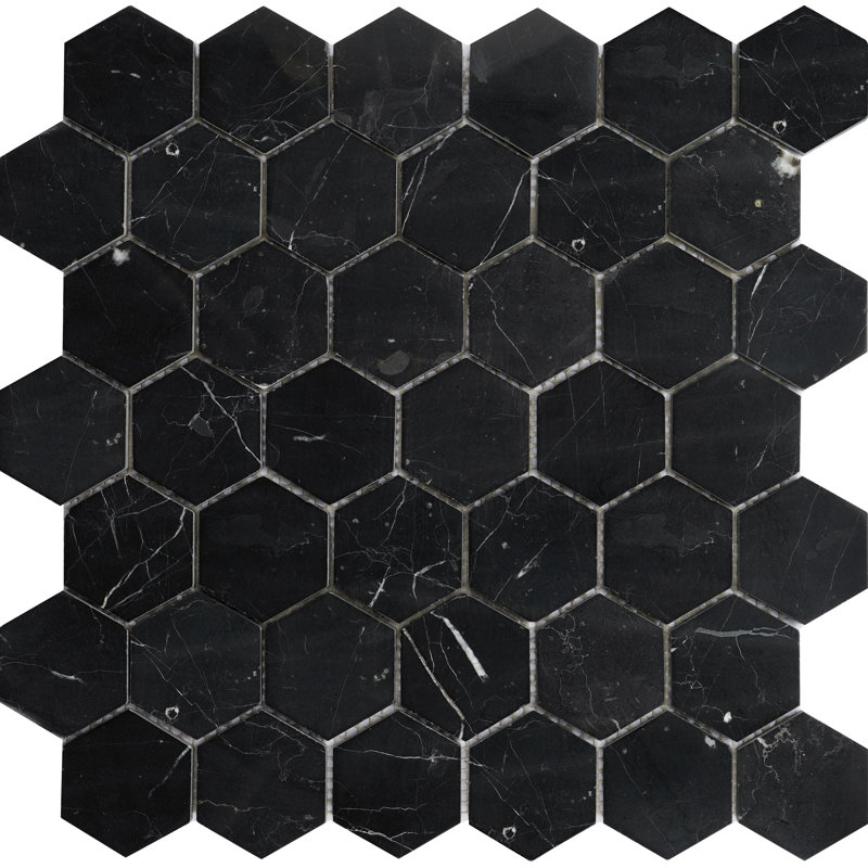 Nero Marquina 2" x 2" Marble Honeycomb Mosaic Wall & Floor Tile, Black
