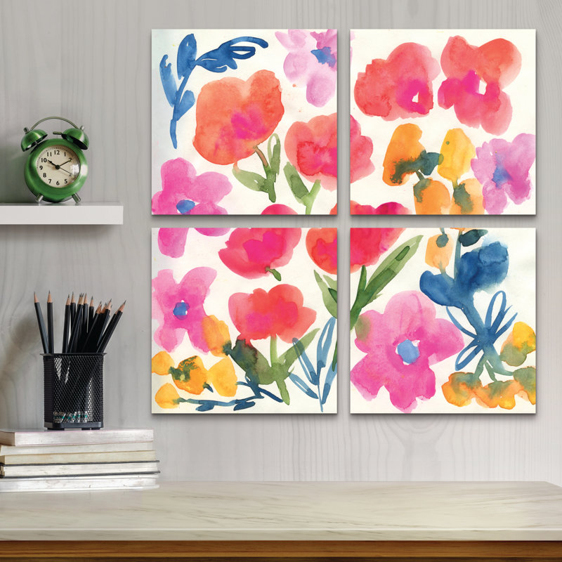 Ensemble de 4 panneaux - Suzanne Allard «Loose Watercolor Blooms 23», art mural sur toile pour le salon, la chambre à coucher ou le bureau 
