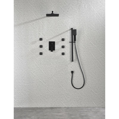 Synchro de douche noir mat avec 6 fonctions de pulvérisation corporelle et douche à main, système de fixation murale
