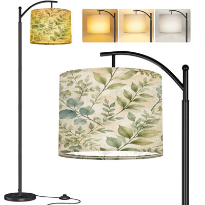  Lampe sur pied à arc en forme d'arbre de luxe à motif de feuilles transparentes avec abat-jour réglable en lin à 3 lumières DEL