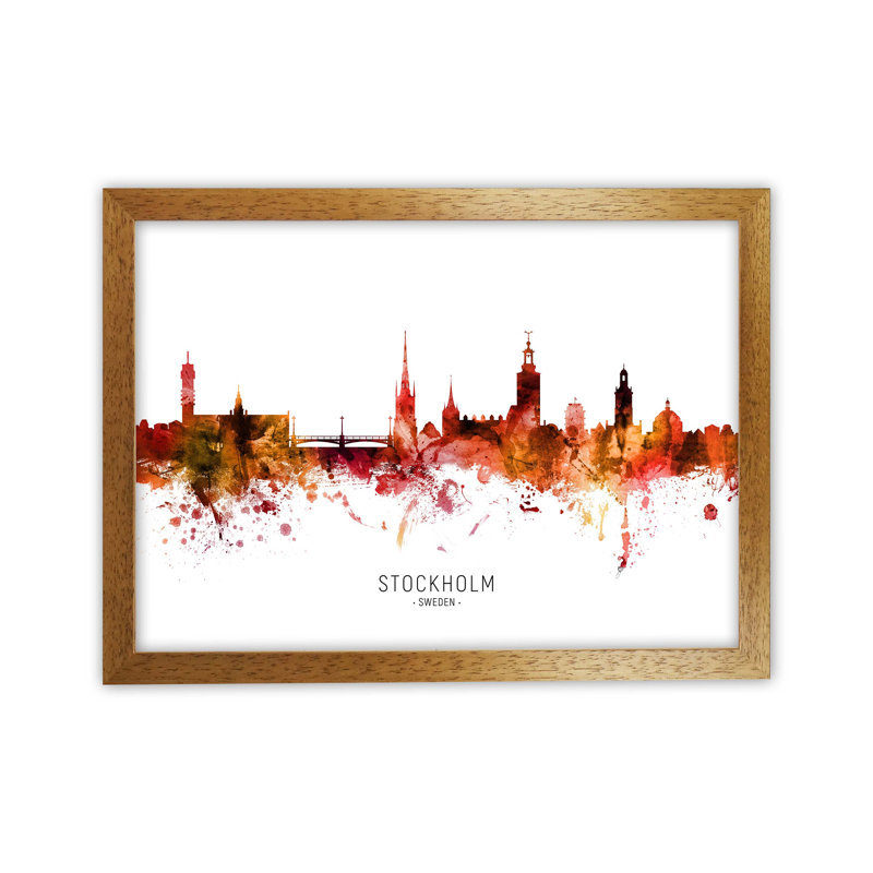Stockholm Sweden Skyline Red City Name by Michael Tompsett - Print, Oak Framed, 64cm H x 88cm W x 3cm D