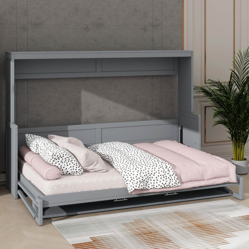 Grand lit escamotable avancé avec système de levage hydraulique et bureau intégré polyvalent, Gris, Grand lit
