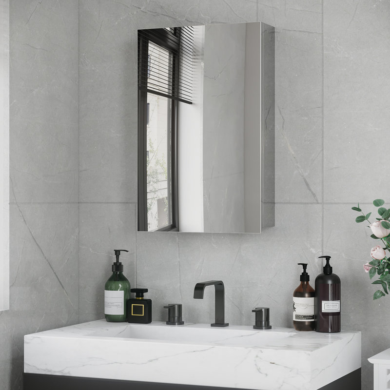 Armoire avec miroir argenté - 15,26 po x 22,89 po, pour salle de bain, salon et rangement pour la lessive, porte de salle de bain à charnière, rangement