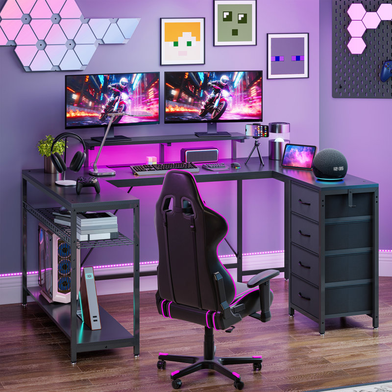 L-Shaped Metal Base Computer Desk with Power Outlet, Black
