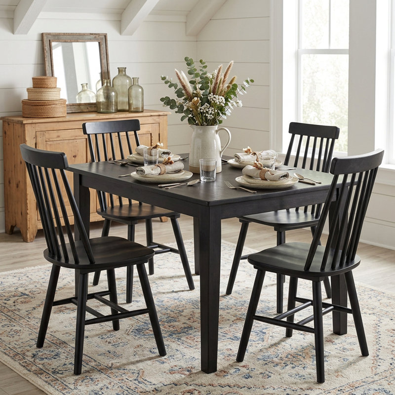 Ensemble de quatre chaises d'appoint à dossier Windsor en bois massif noir, Noir