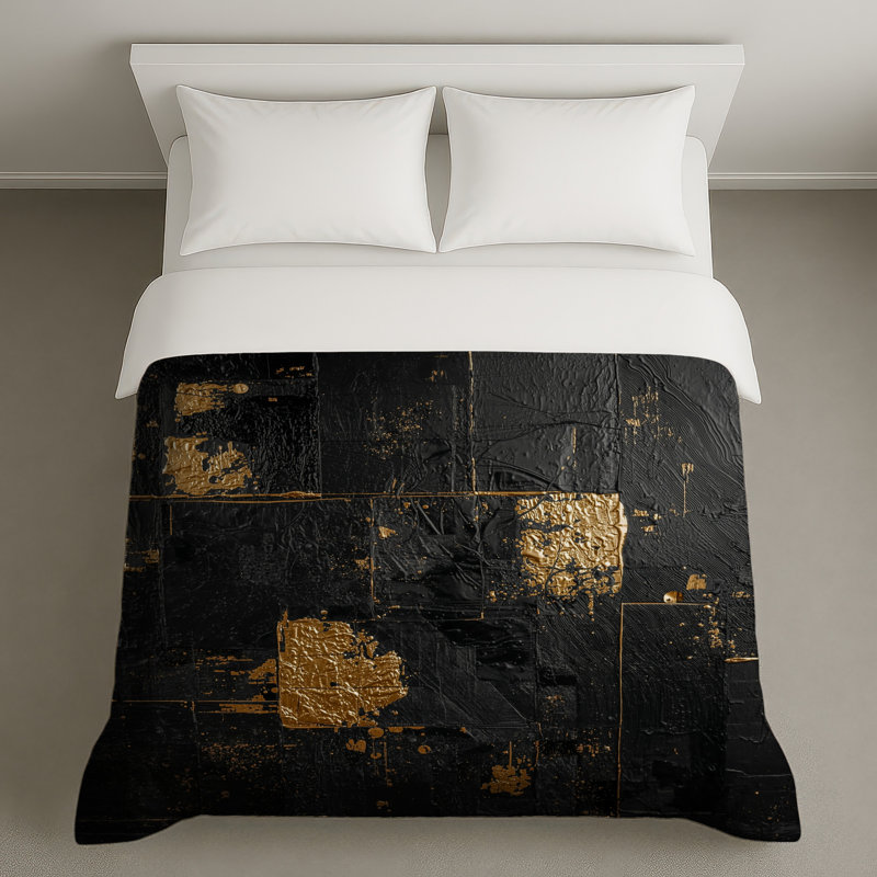 Black Gold Textured Abstract Duvet Covers, Queen