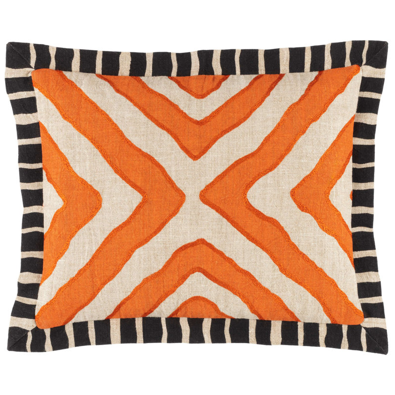 Orange and Natural Linen Embroidered Decorative Pillow