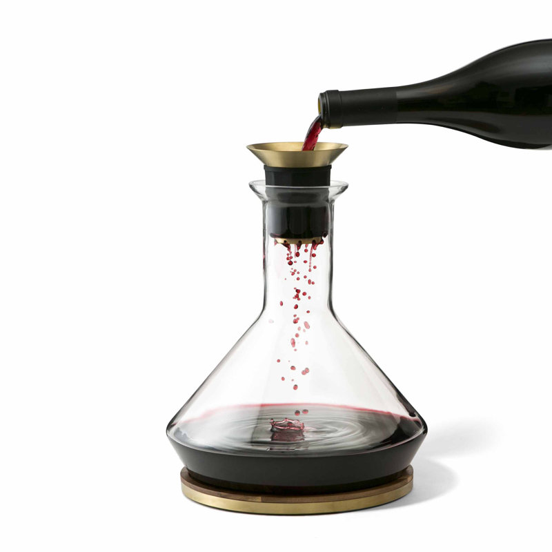 Clear Glass Wine Decanter with Gold Accents and Wood Coaster