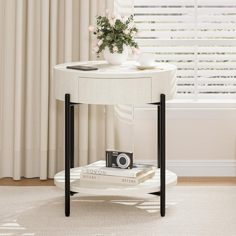 End Table Round Side Table With Drawer Circle End Tables Wooden Bedside Table, White Wood