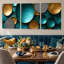 Ensemble exclusif de 3 toiles panoramiques abstraites grand format, aux tons turquoise et or, avec des ovales argentés texturés. Décoration murale idéale pour le salon, la chambre à coucher et le bureau.-2036761167