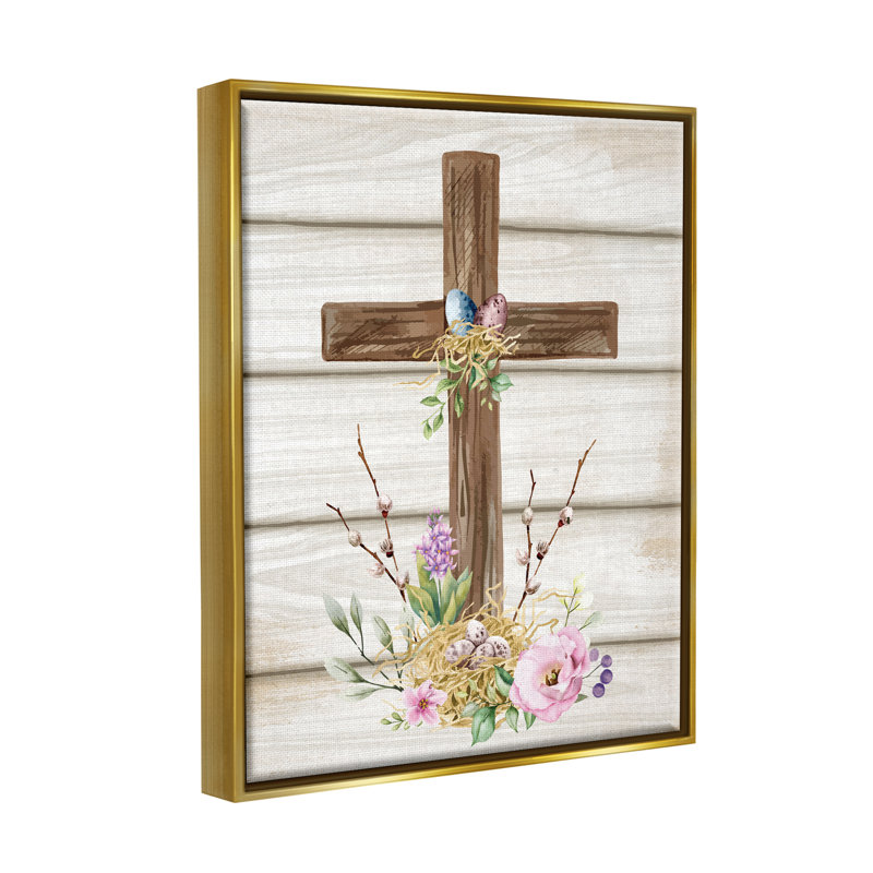 Spirituelle, croix de printemps, fleurs printanières, H 21 po x l 17 po x P 1,7 po, Cadre flottant métallique doré