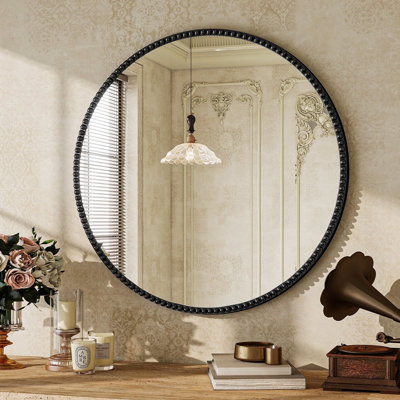 Round Bathroom Wall Mounted Vanity Mirror, Vintage Beaded Decorative Makeup Mirror
