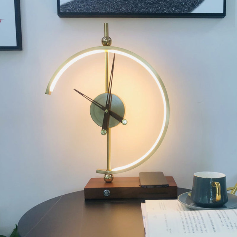 Minimalist LED Clock Lamp with Phone Wireless Charger/Brass Base