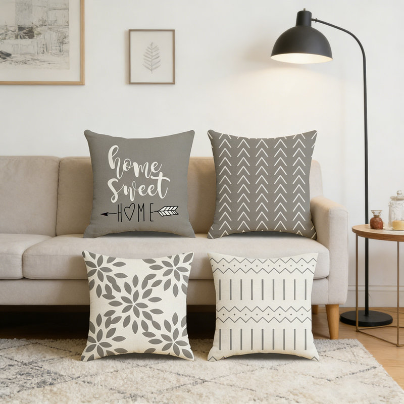 Set Of 4 Throw Pillow Covers 18X18inch Linen Geometry Square Pillow Cushion Case Throw Pillowcase Hidden Zipper Design, H