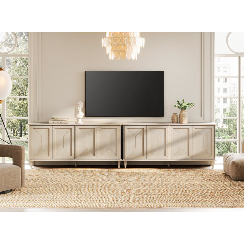 130" Large Double Unit Entertainment Center TV Stand, Modern Farmhouse Console With Handcrafted Patchwork Doors, Massive Storage With Adjustable Shelves & Cable Management，Light Oak
