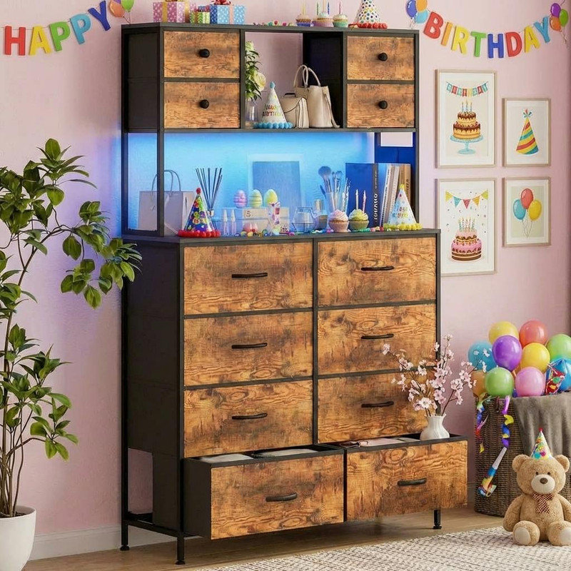 12-Drawer Dresser with Power Outlet & Open Shelves - LED Light Wood Top Metal Frame Fabric Dresser for Bedroom, Hallway, Living Room