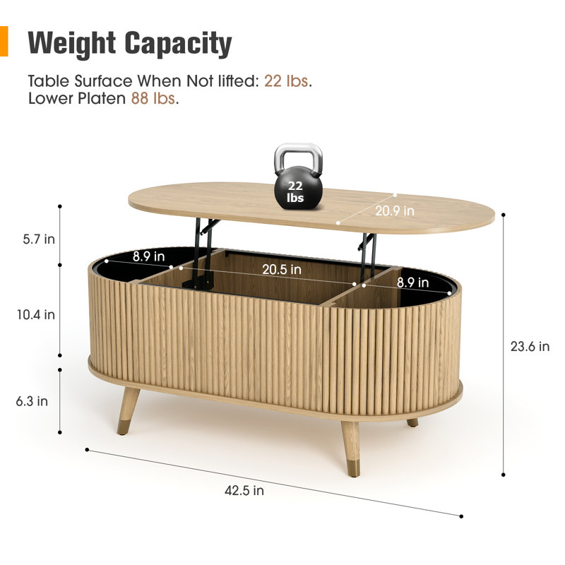 42.5" Oval Lift Top Coffee Table With Storage, Mid Century Modern Oak Center Table With Fluted Panel, Solid Wood Legs & Hidden Compartment For Living Room