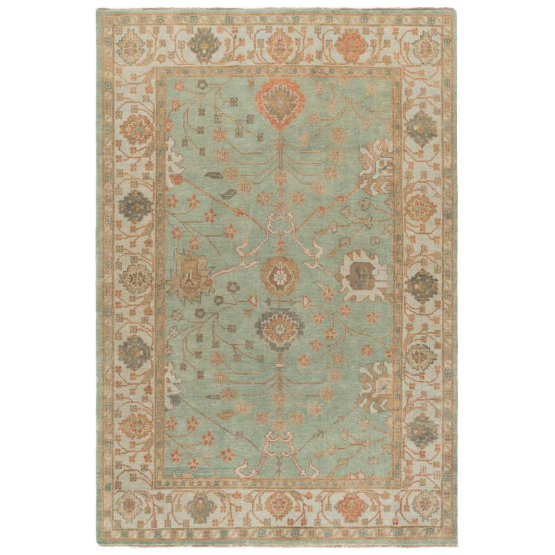 Oushak Oriental Hand-Knotted Wool Dark Green/Light Area Rug, Rectangle 6' x 9'