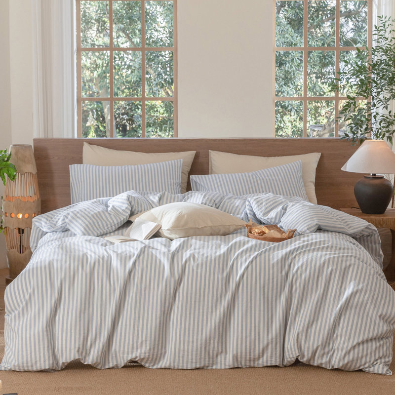 Housse de couette grand et 2 taies d'oreiller stan, Rayures classiques - bleuet / blanc