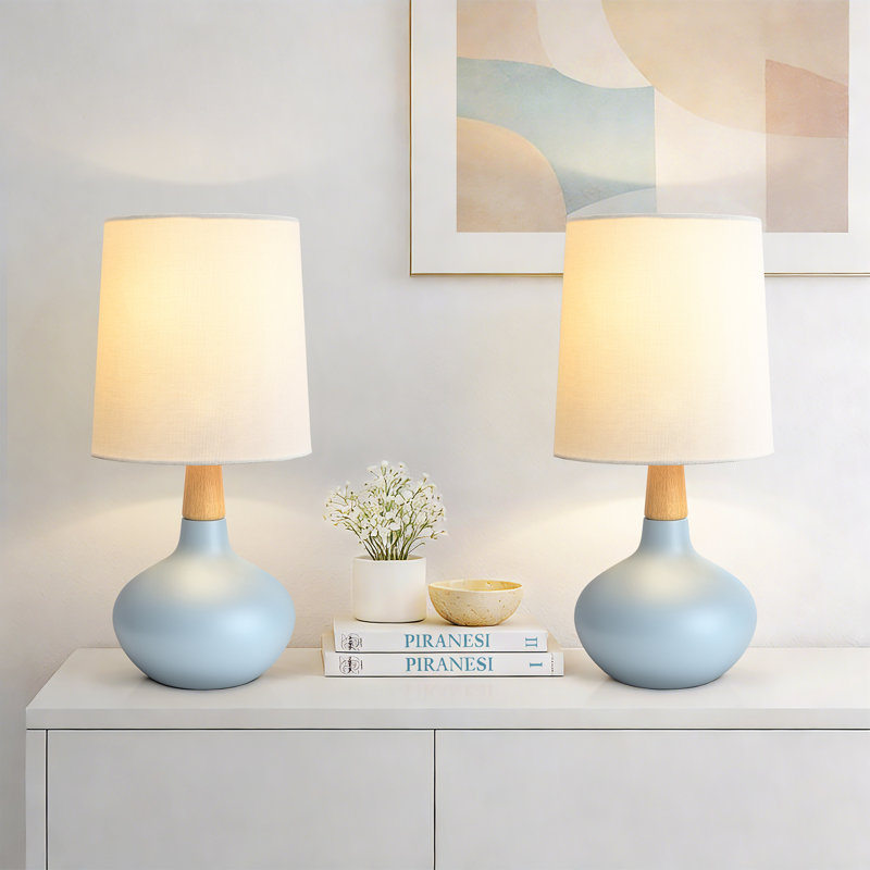 14" Modern Blue Ceramic Small Table Lamp with Pre-Assembled Shade, Blue