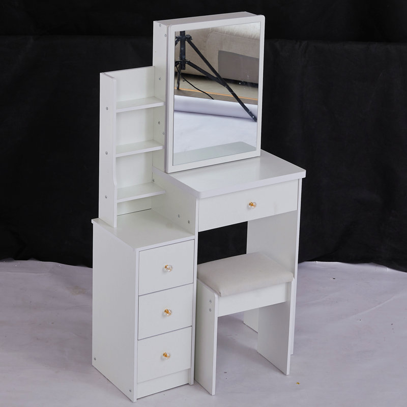 29.2" Small Space Left Bedside Cabinet Vanity Table With Cushioned Stool, Extra Large Right Sliding Mirror, Multi Layer High Capacity Storage, Practical Fashionable Dresser