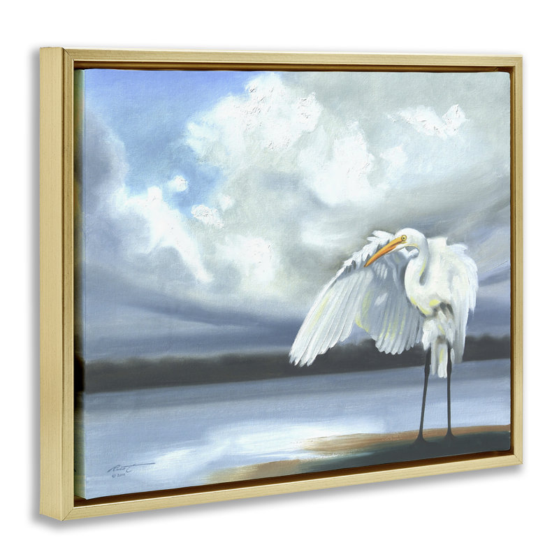 "Egret on Cloudy Beach Shore", art mural par D. Rust, H 25 po x l 31 po, Cadre flottant métallique doré
