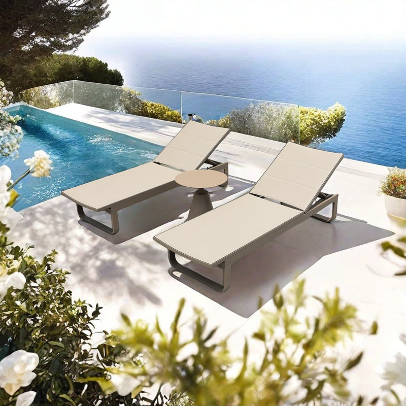 AlloyFrame Rattan Sun Lounger Outdoor Metal Chaise Lounge Set with Table