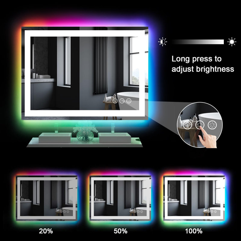 Lunara UL Certified Frameless Dual Lighting RGB Backlit & LED Frontlit Bathroom Vanity Mirror, Temper Glass, Smart Anti-fog