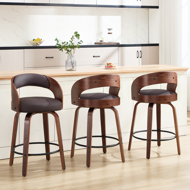 Comfortable Swivel Counter Stool With Durable Solid Wood Legs, Brown, 4