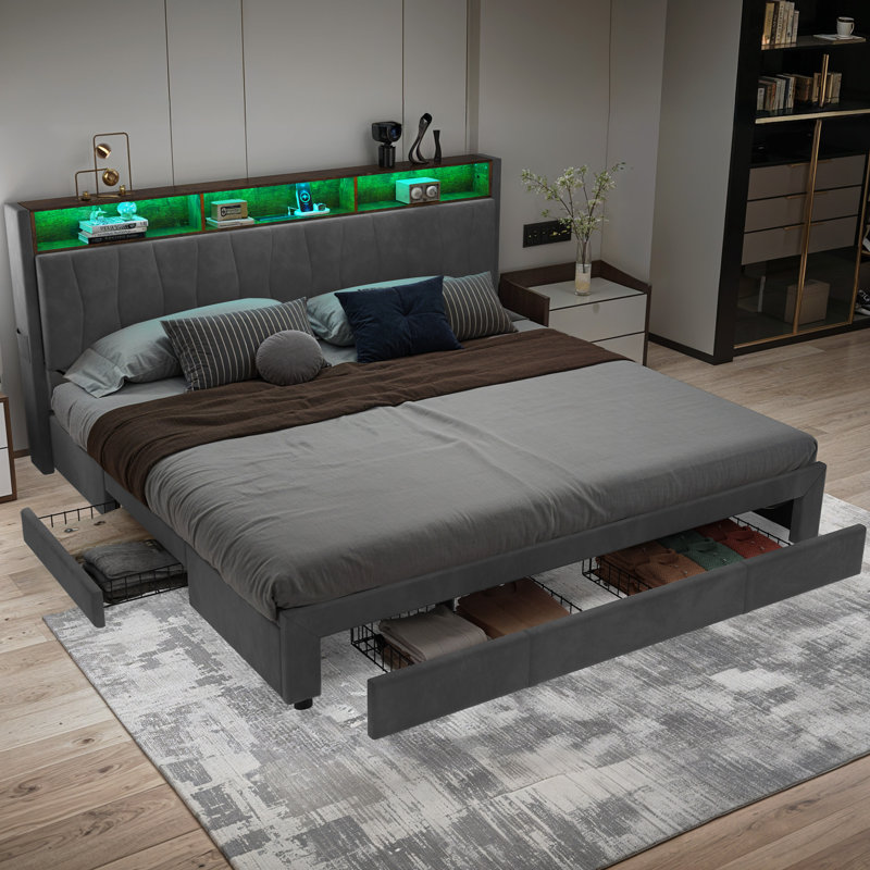 Chantise Upholstered Storage Bed with LED Lights and Built In USB Port, King, Beige