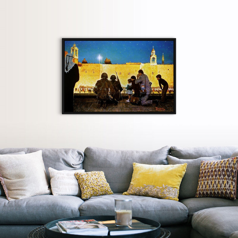 «Norman Rockwell Christmas Eve In Bethlehem», art mural sur toile, Cadre flottant noir, H 34 po x l 50 po x P 1,75 po