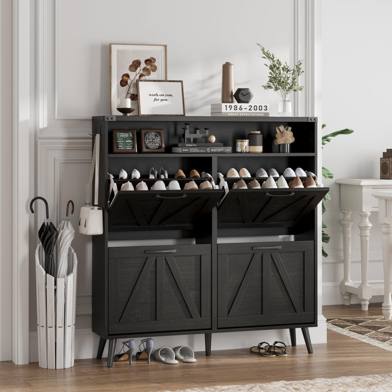 Freestanding Shoe Cabinet Wtih 4 FILP Drawers For Entryway, Black