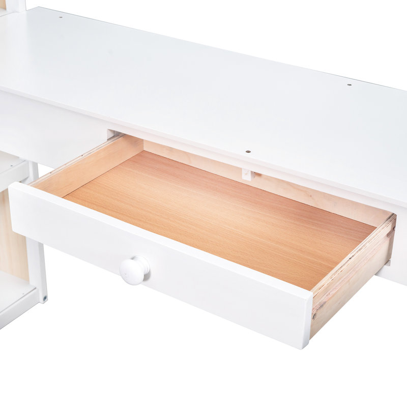 Lit mezzanine double blanc avec bureau / tablettes pratiques - Living, Étagères, Bureau Qualité exceptionnelle