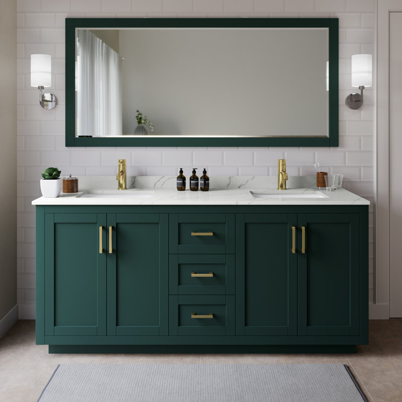 Miranda 72" Freestanding Double Bathroom Vanity with Quartz Top, Giotto Quartz, Green, Brushed Gold